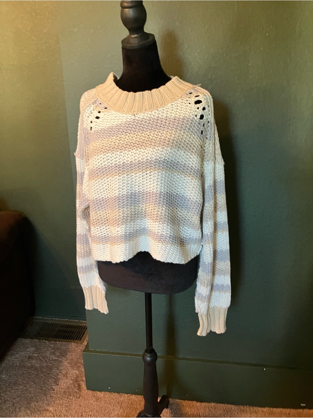 Striped Chunky Knit Crewneck Sweater - Cream & Light Blue
